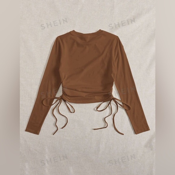 Ruched Drawstring Long Sleeve Brown Top - Picture 3 of 4